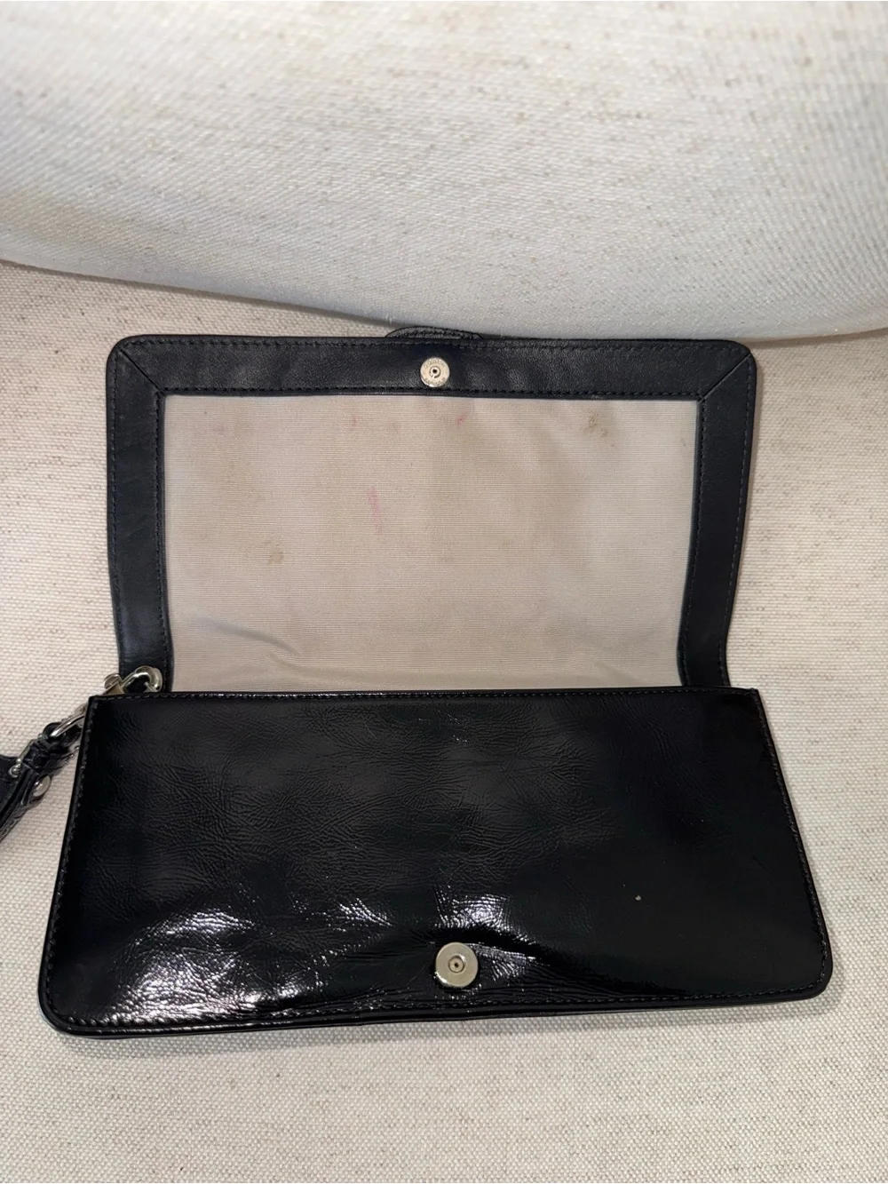 Coach Black Glossy Patent Leather Clutch Wristlet Wallet Silver Buckle Accent